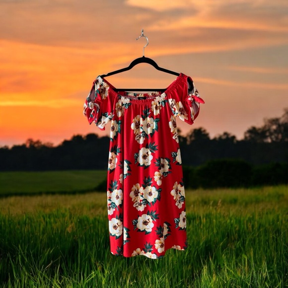 Derek Heart Red Floral Print On-Off Shoulder Super Soft Dress - Picture 13 of 13